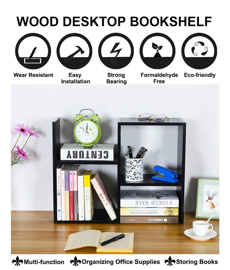 PAG Desktop Shelf Freestanding Wooden Small Bookshelf Desk Supplies Organizers and Accessories Storage Display Rack Office Dorm Decor for Women, Black - Image 4
